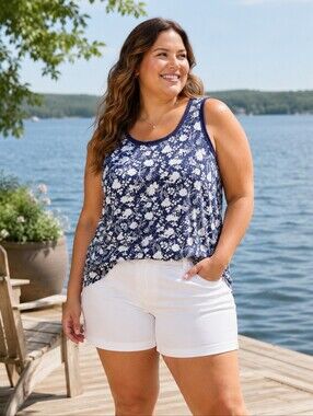 Lands' End Scoop Neck Floral Print Knit Tank Top in Blue Casual Women's 2X